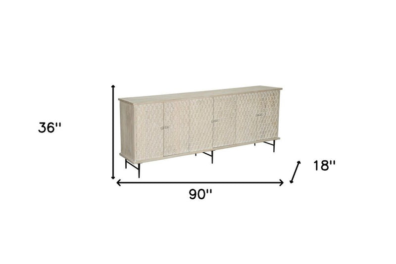 90" White Distressed Solid Wood Carved Geometric Sideboard With Six Doors