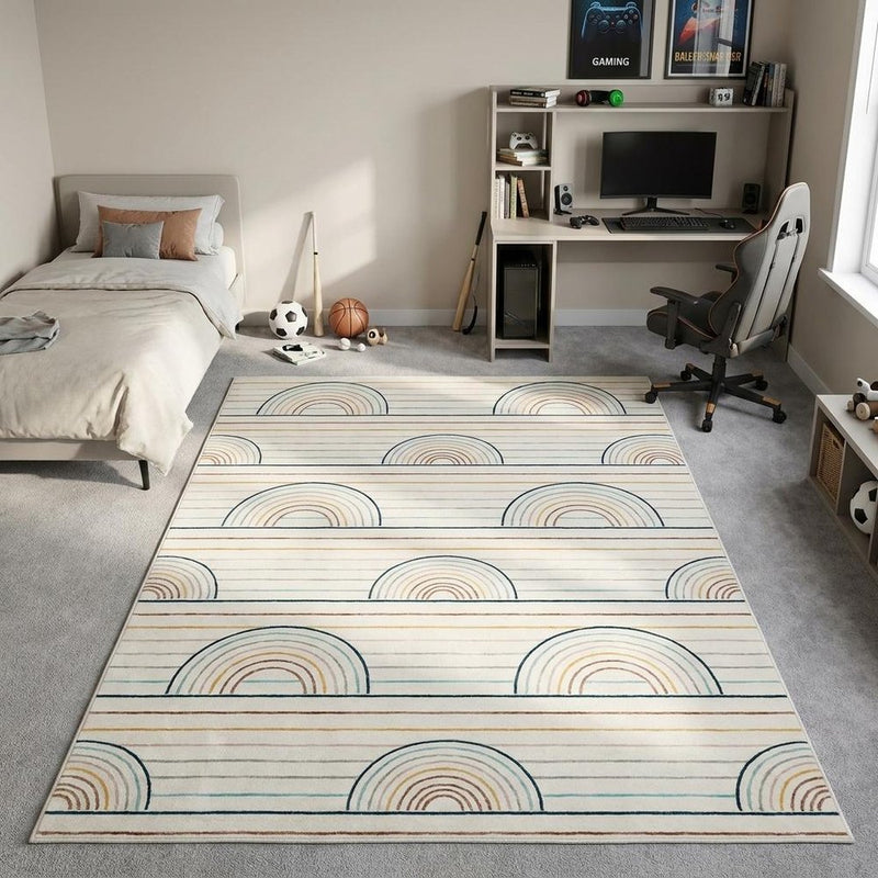 5' X 8' Ivory Blue and Yellow Juvenile Rainbows Youthful Area Rug