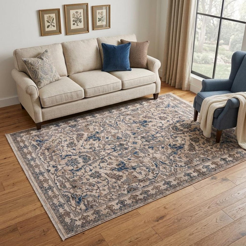 5' X 8' Tan And Blue Oriental Area Rug With Fringe