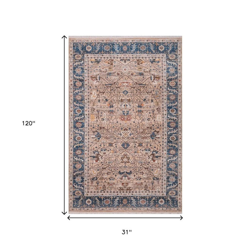 3' X 10' Teal Brown And Beige Oriental Runner Rug With Fringe