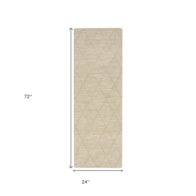 6' Beige Wool Geometric Hand Woven Runner Rug
