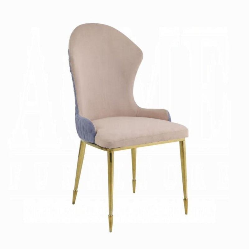 Set of Two Lavender Tan And Gold Fabric And Metal Wing Back Dining Side Chairs
