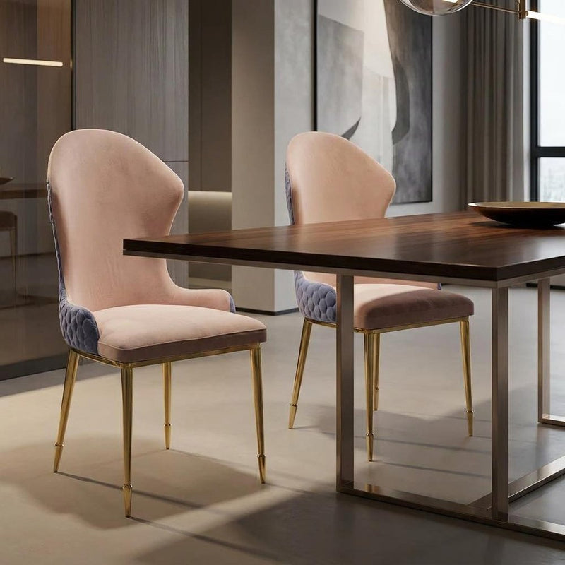 Set of Two Lavender Tan And Gold Fabric And Metal Wing Back Dining Side Chairs