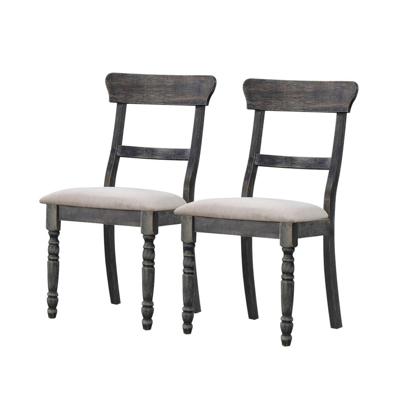 Set of Two Light Brown And Gray Linen And Wood Ladder Back Dining Side Chairs