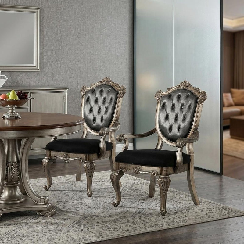Set of Two Dark Gray And Platinum Tufted Fabric And Solid Wood King Louis Back Dining Arm Chairs