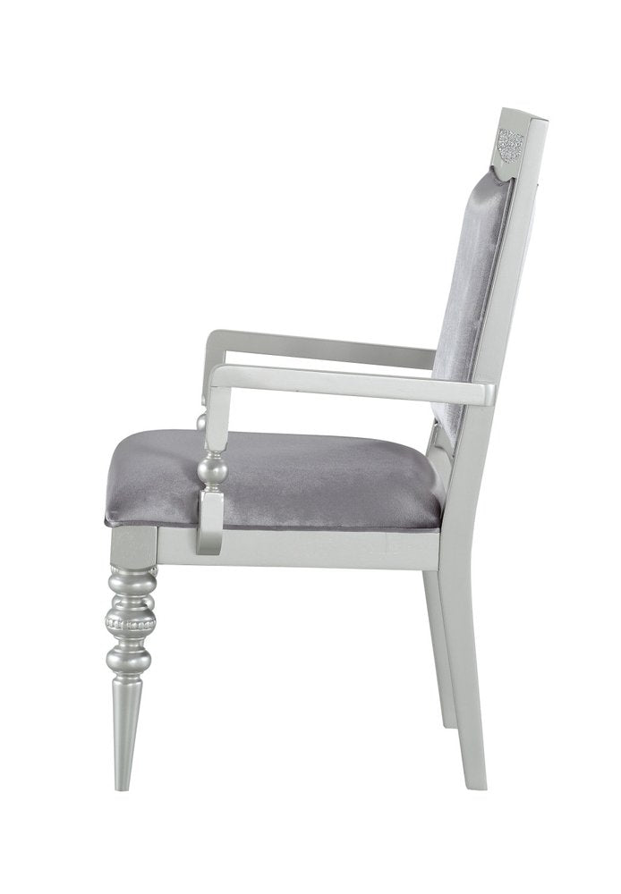 Set of Two Platinum Fabric Solid Wood And Faux Crystal Bling Dining Arm Chairs