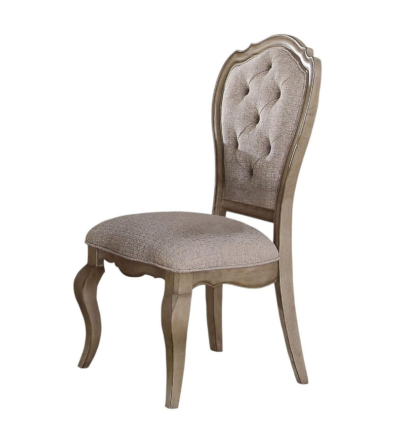 Set of Two Tufted Beige and Taupe Upholstered Fabric And Solid Wood Dining Arm Chairs