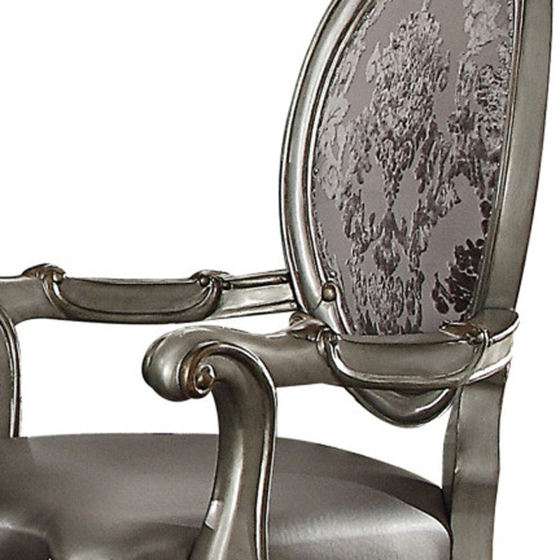 Set of Two Silver and Platinum Upholstered Faux Leather And Solid Wood King Louis Back Dining Side Chairs