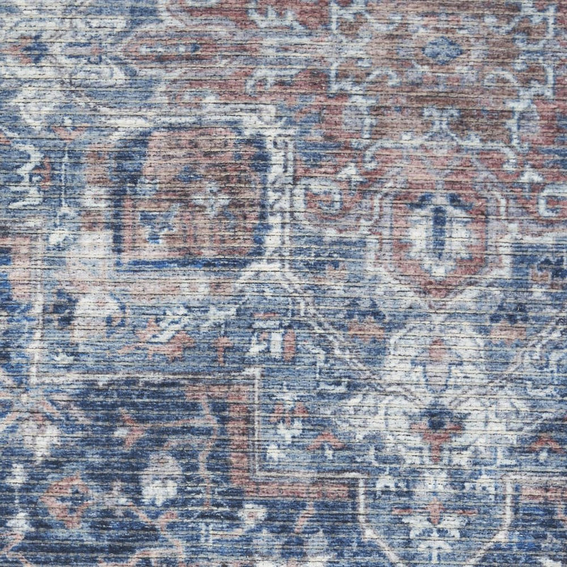 4' Blue Floral Power Loom Worn Faded Round Rug