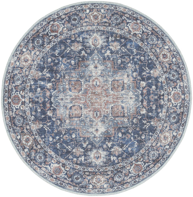 4' Blue Floral Power Loom Worn Faded Round Rug