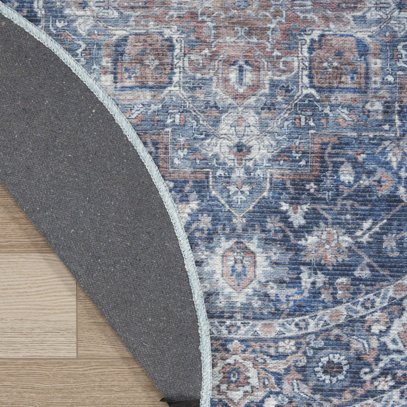 4' Blue Floral Power Loom Worn Faded Round Rug