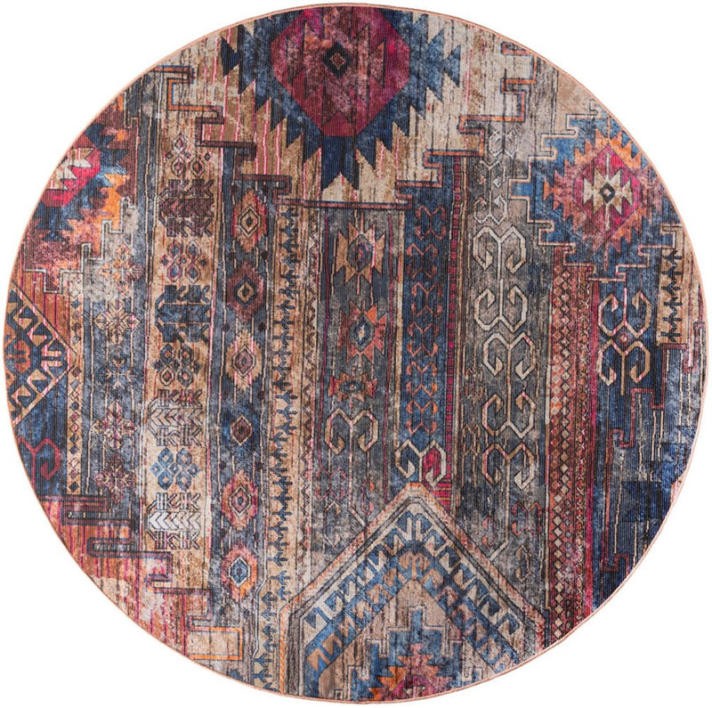 4' Red Geometric Power Loom Worn Faded Round Rug
