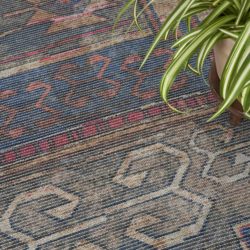4' Red Geometric Power Loom Worn Faded Round Rug