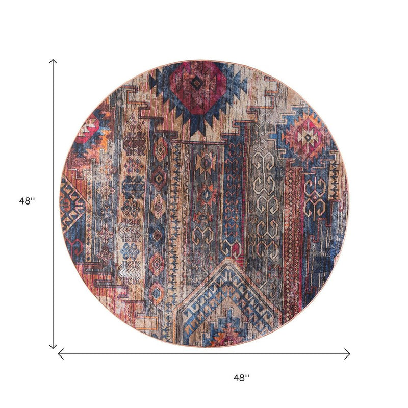 4' Red Geometric Power Loom Worn Faded Round Rug