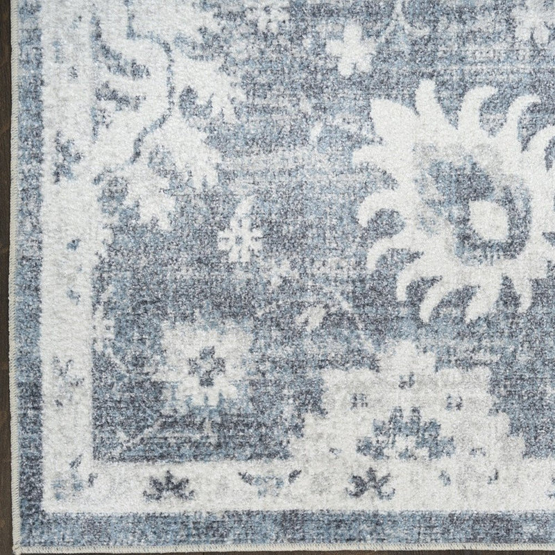 6' Blue Floral Power Loom Worn Faded Runner Rug