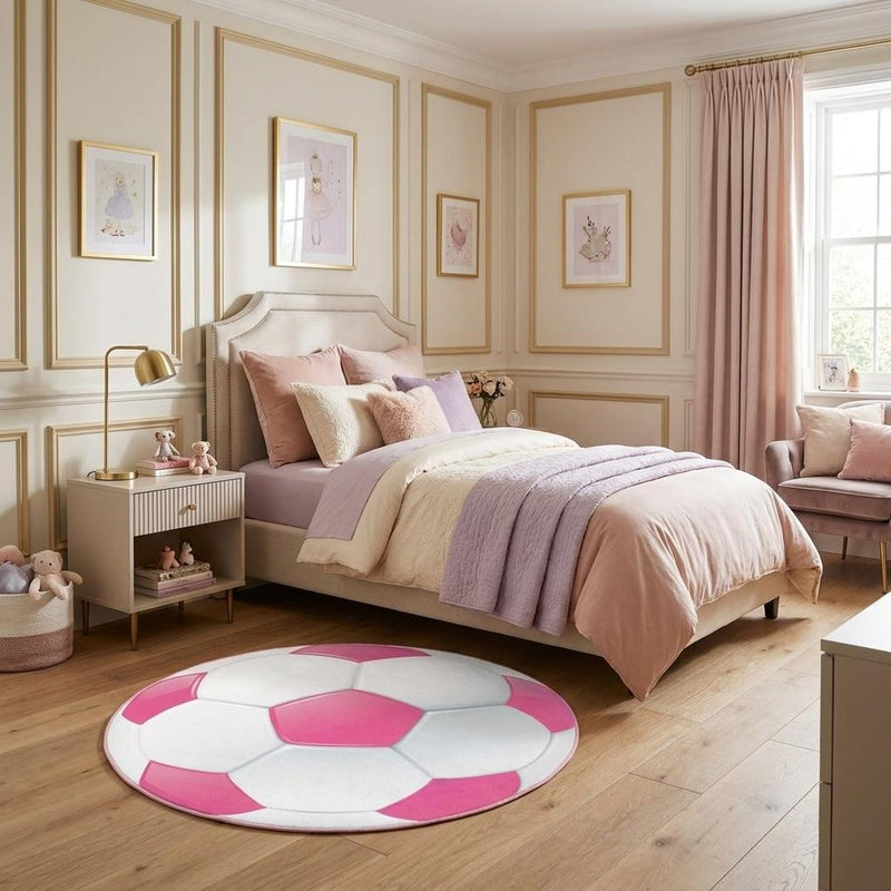 5' Pink And White Soccer Youthful Washable Round Rug