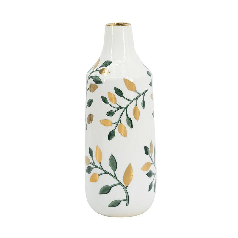 12" White Green And Gold Floral Leaf Bud Ceramic Table Vase