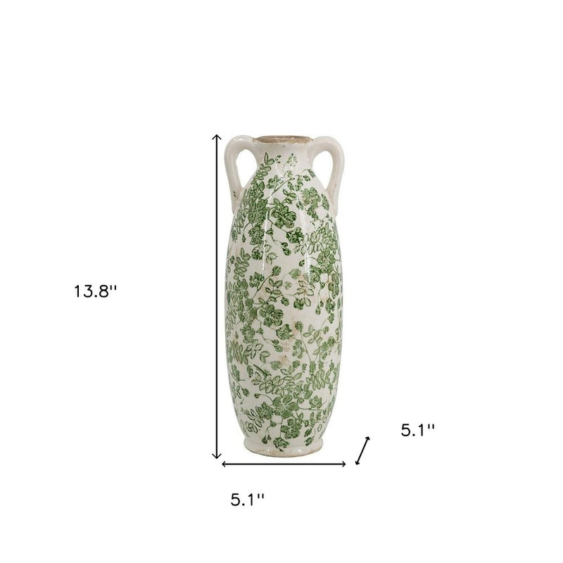 14" Green And White Leaf Ceramic Amphora Table Vase