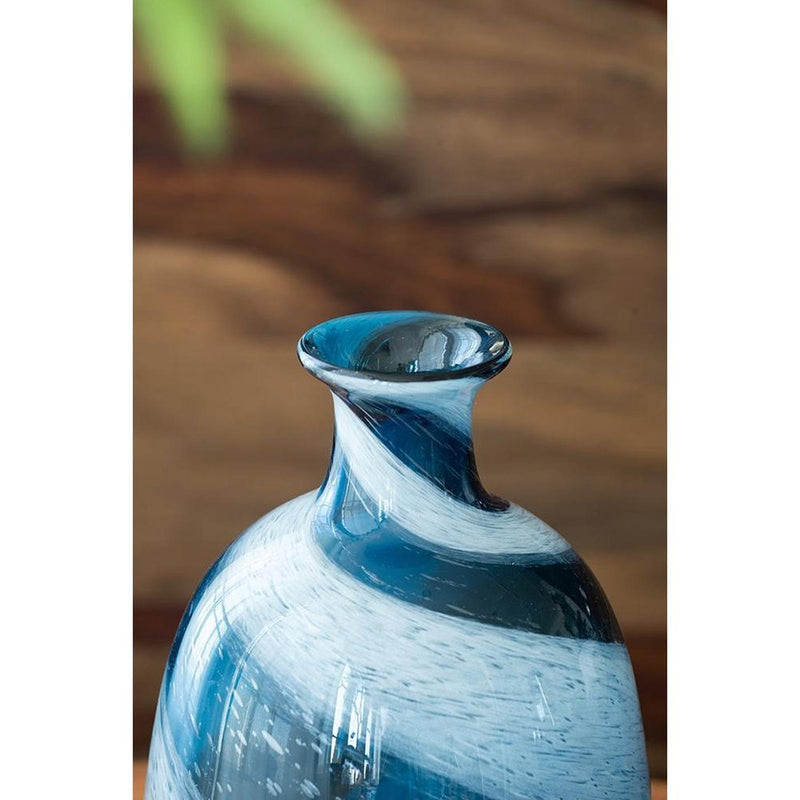 13" Blue And White Striped Swirl Art Glass Table Vase