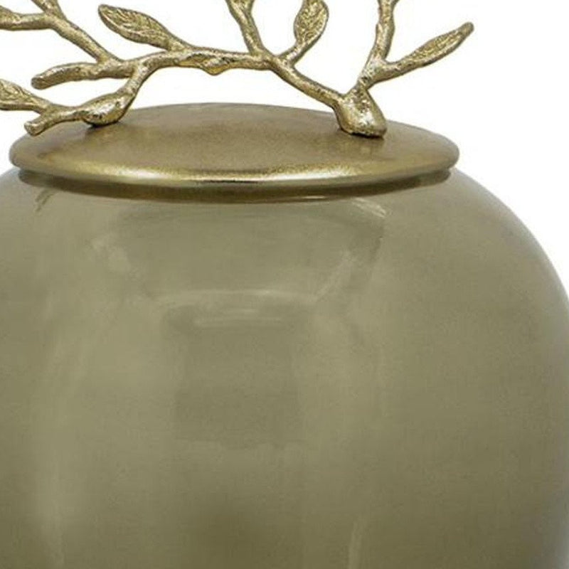 14" Dark Green And Gold Glass And Metal Round Ginger Jar