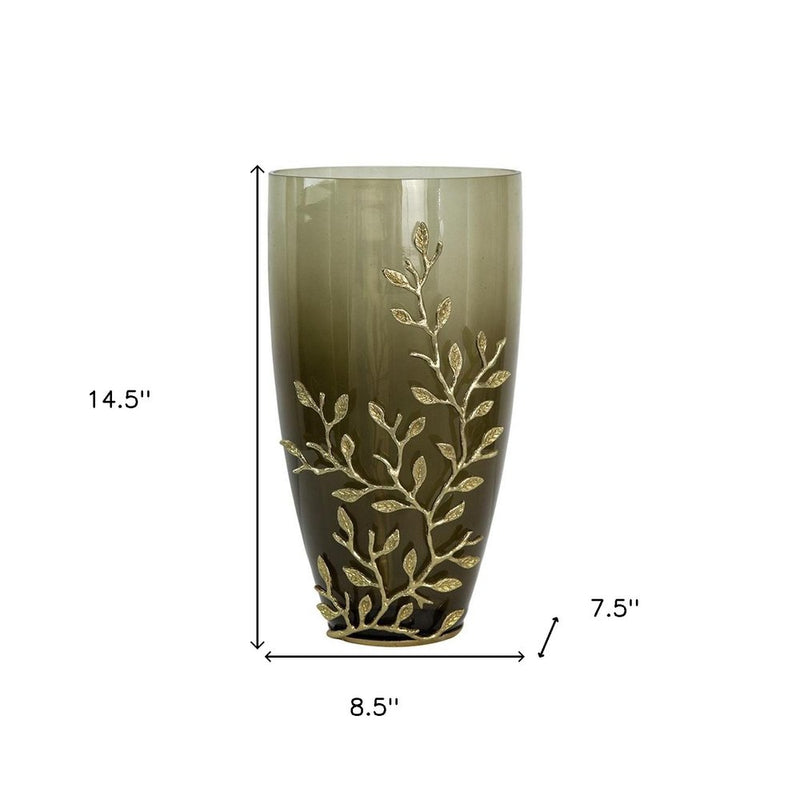 15" Dark Olive Green And Gold Branch Patterned Glass And Aluminum Table Vase