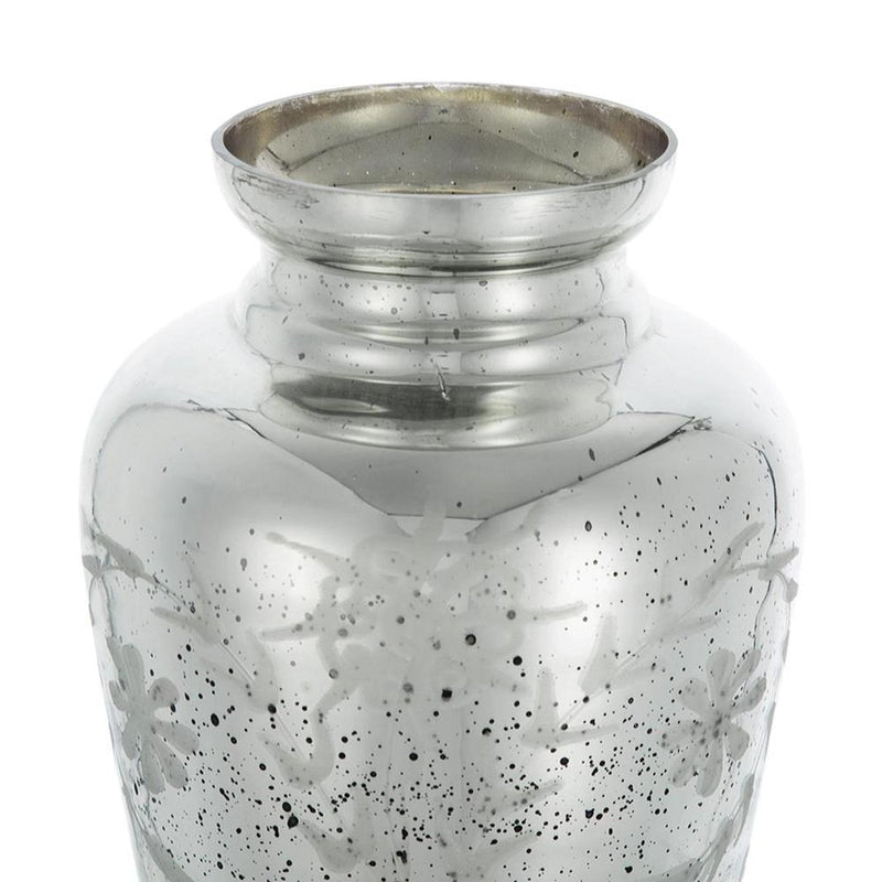 20" Antiqued Silver Etched Floral Glass Round Table Vase