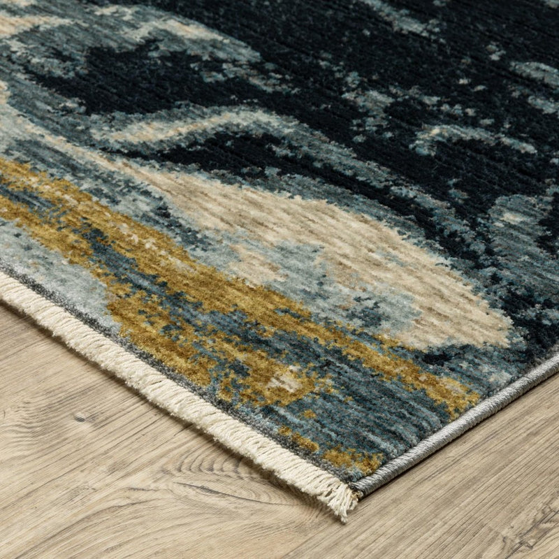 10' X 13' Navy Blue And Teal Abstract Area Rug With Fringe