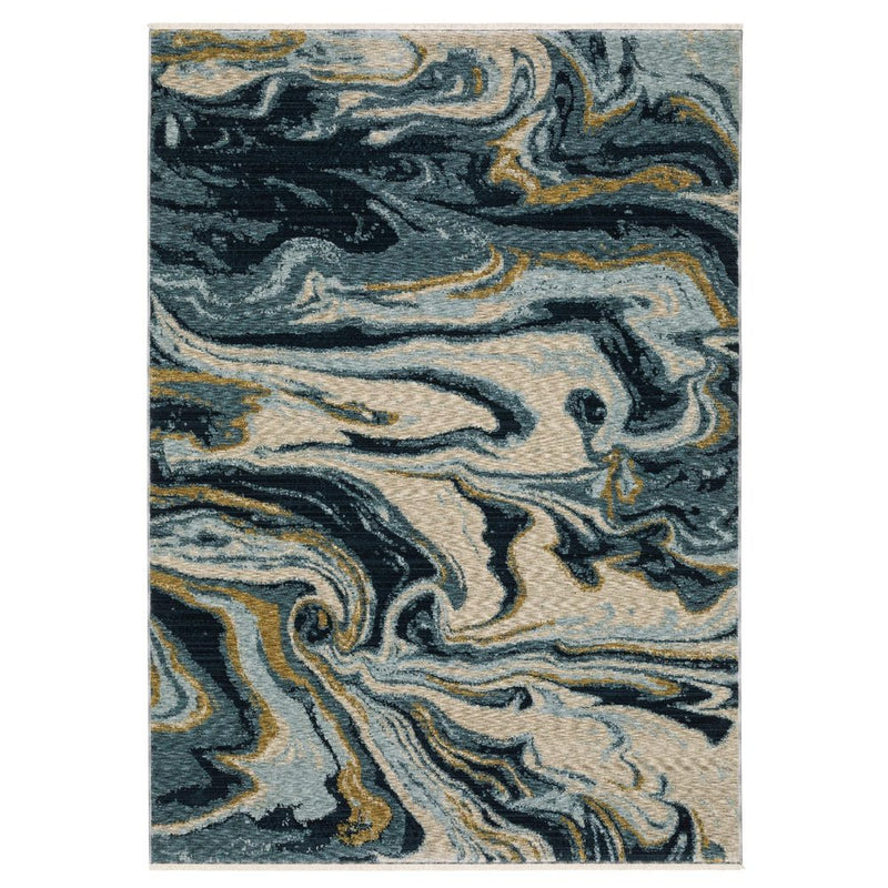 10' X 13' Navy Blue And Teal Abstract Area Rug With Fringe