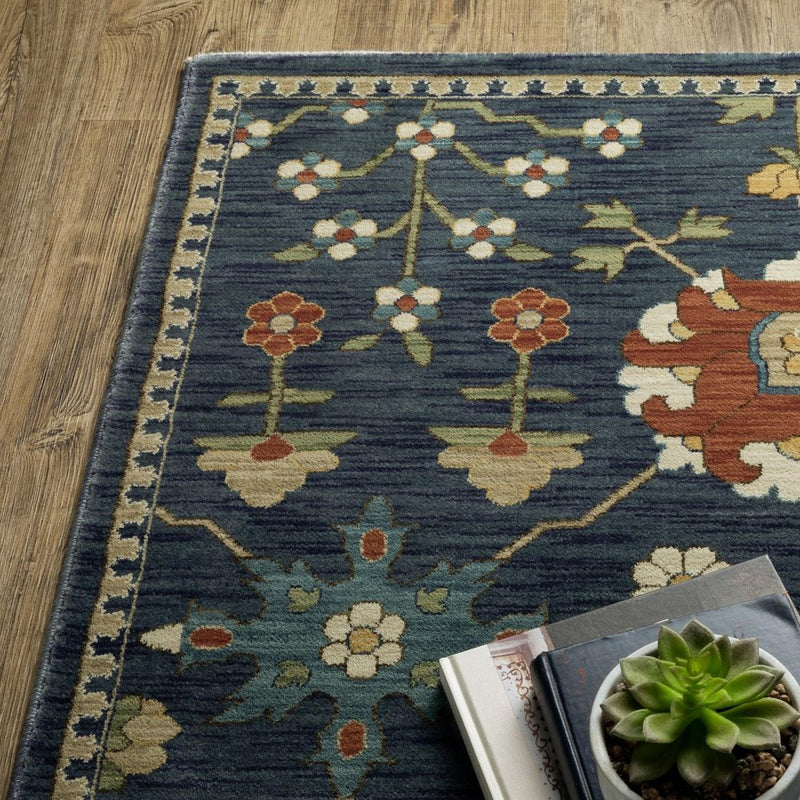 2' X 3' Blue And Gold Oriental Area Rug With Fringe