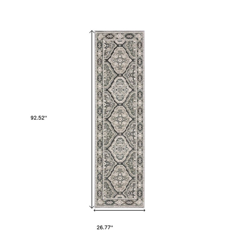 8' Ivory And Blue Medallion Runner Rug