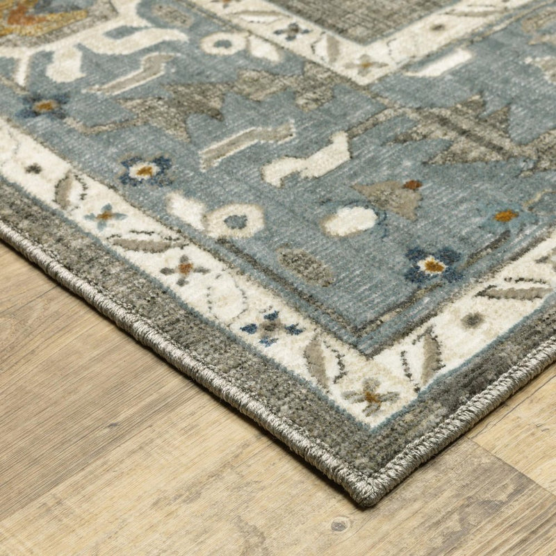 8' Blue Gray And Ivory Oriental Runner Rug
