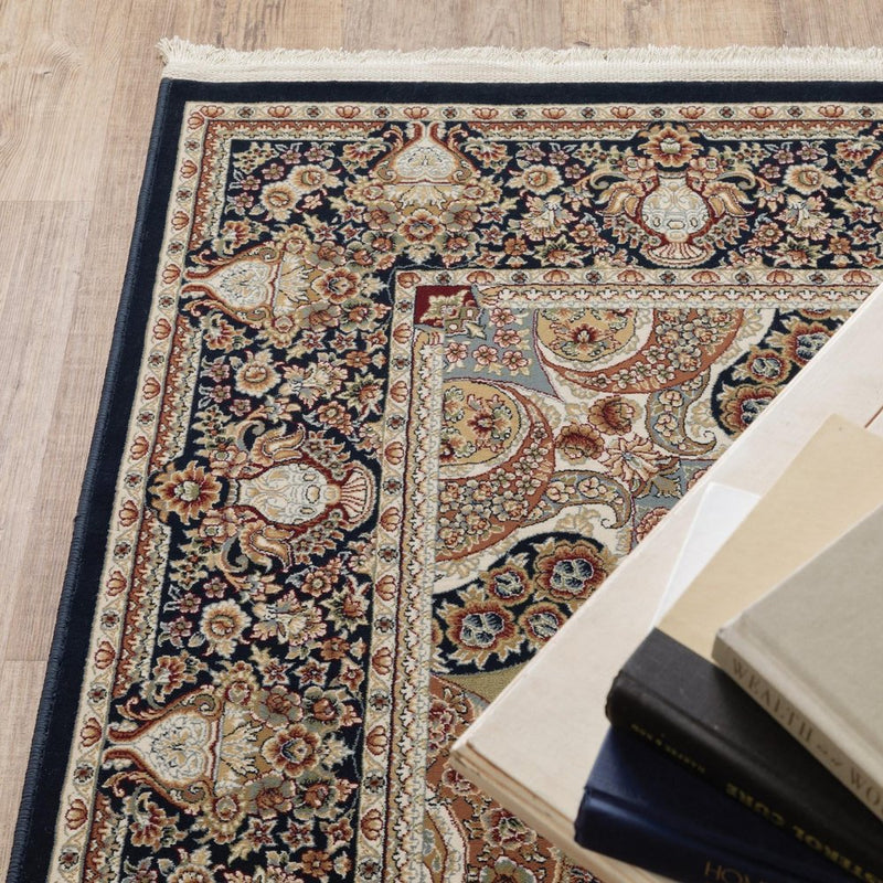 8' X 11' Navy Blue Light Brown And Ivory Medallion Area Rug With Fringe