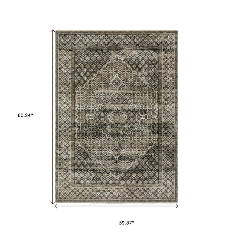3' X 5' Gray And Beige Medallion Area Rug With Fringe
