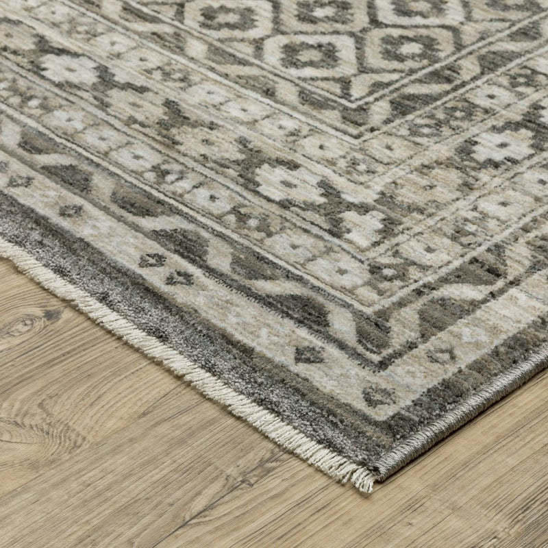 10' X 13' Gray And Beige Diamond Area Rug With Fringe
