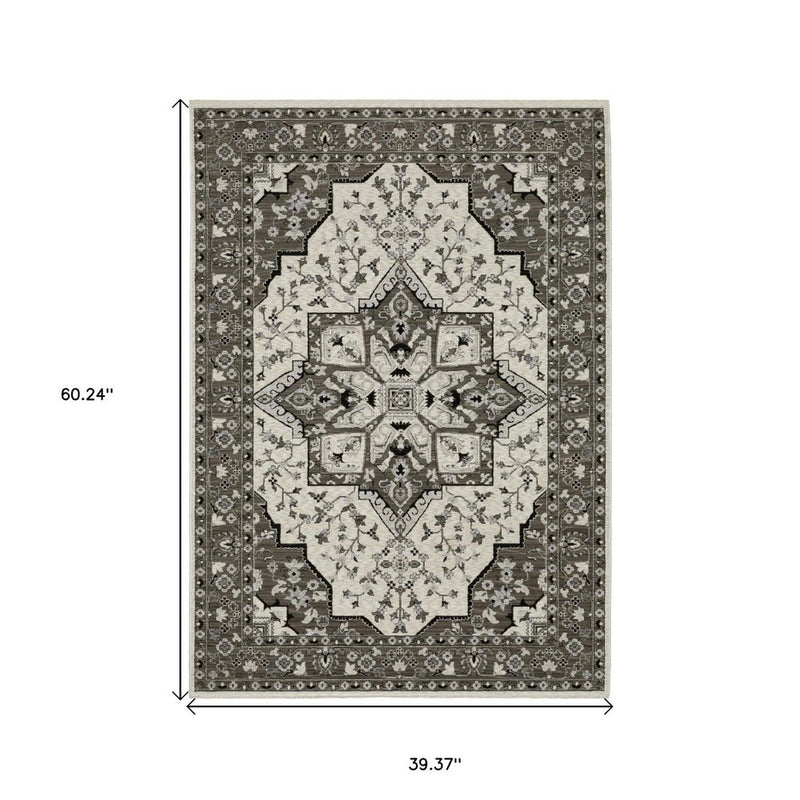3' X 5' Ivory And Gray Medallion Area Rug With Fringe