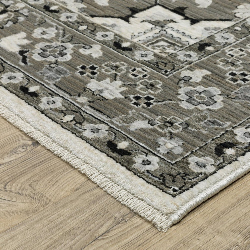 3' X 5' Ivory And Gray Medallion Area Rug With Fringe