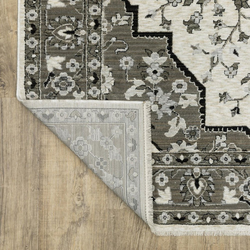 3' X 5' Ivory And Gray Medallion Area Rug With Fringe