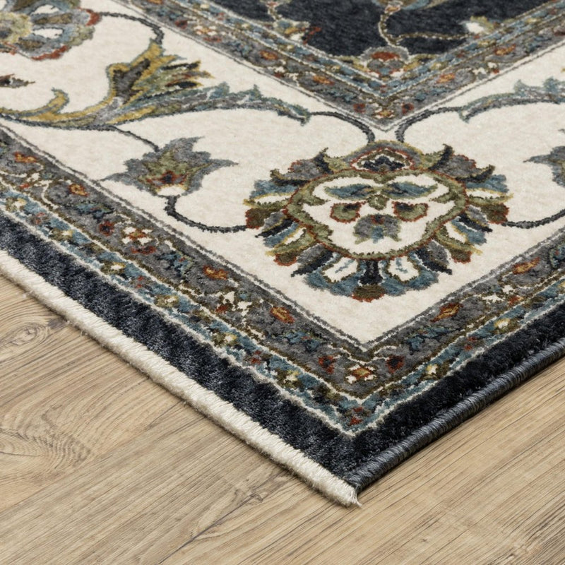 8' X 11' Navy Blue And Ivory Oriental Area Rug With Fringe