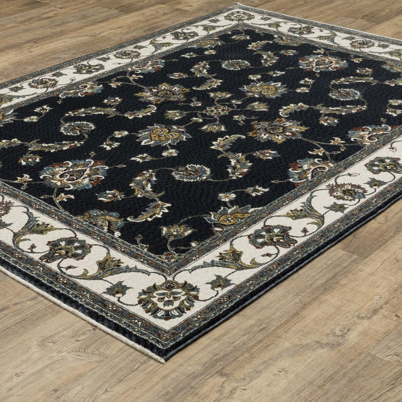 8' X 11' Navy Blue And Ivory Oriental Area Rug With Fringe