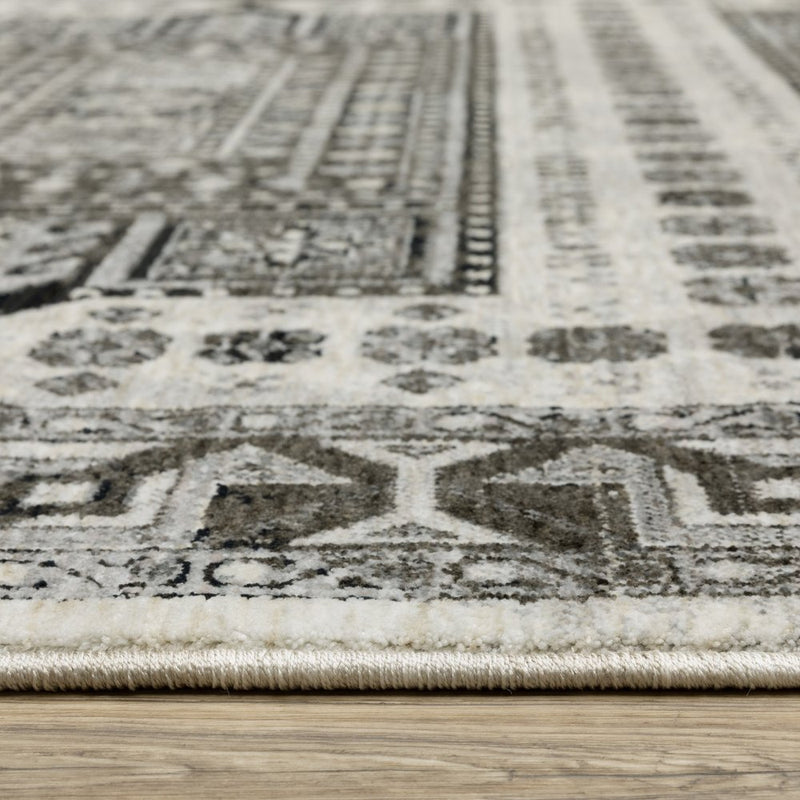 3' X 5' Ivory And Charcoal Oriental Area Rug With Fringe