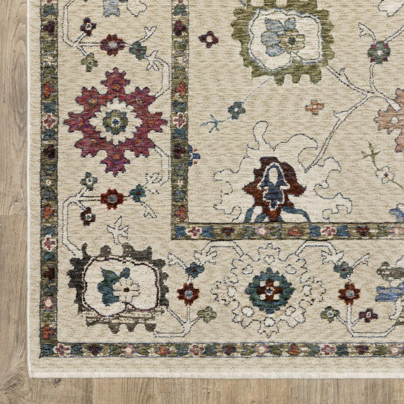 8' Ivory Tan And Blue Floral Runner Rug With Fringe