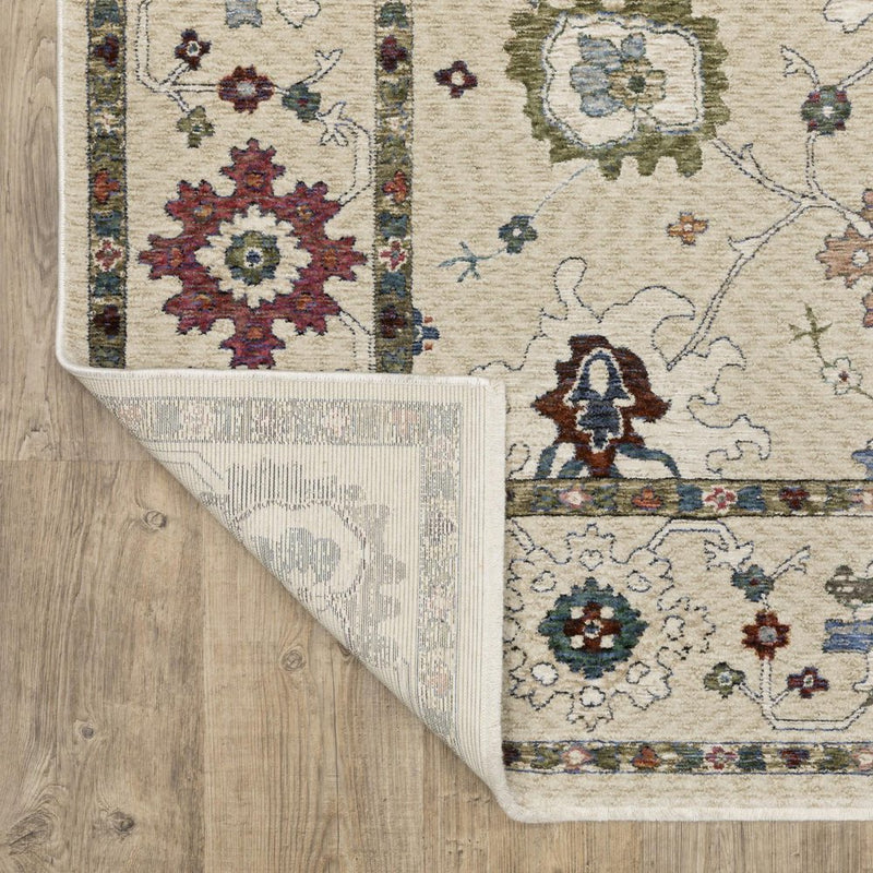 8' Ivory Tan And Blue Floral Runner Rug With Fringe
