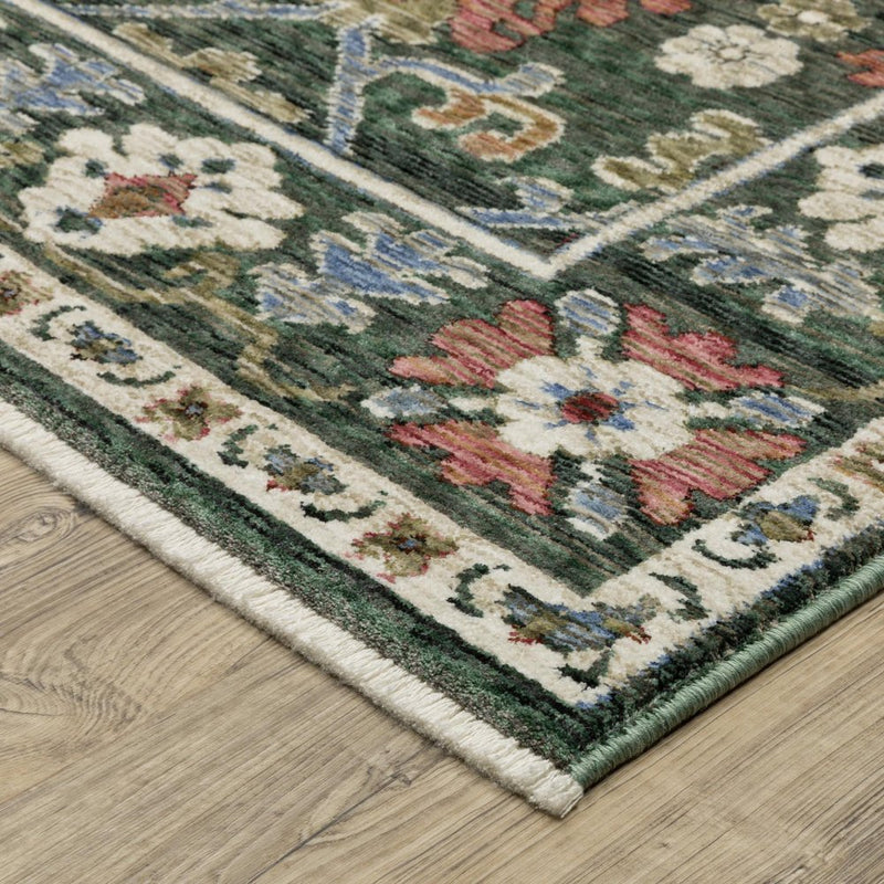 8' Green And Pink Floral Runner Rug With Fringe
