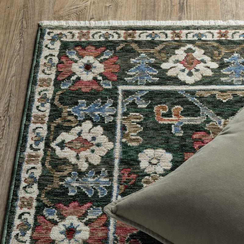 8' Green And Pink Floral Runner Rug With Fringe