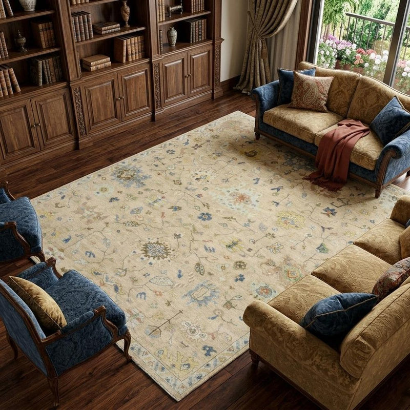 10' X 14' Gray Green And Yellow Wool Oriental Hand Knotted Area Rug With Fringe