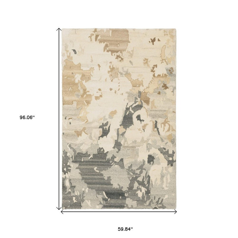 5' X 8' Beige And Charcoal Wool Abstract Hand Tufted Area Rug