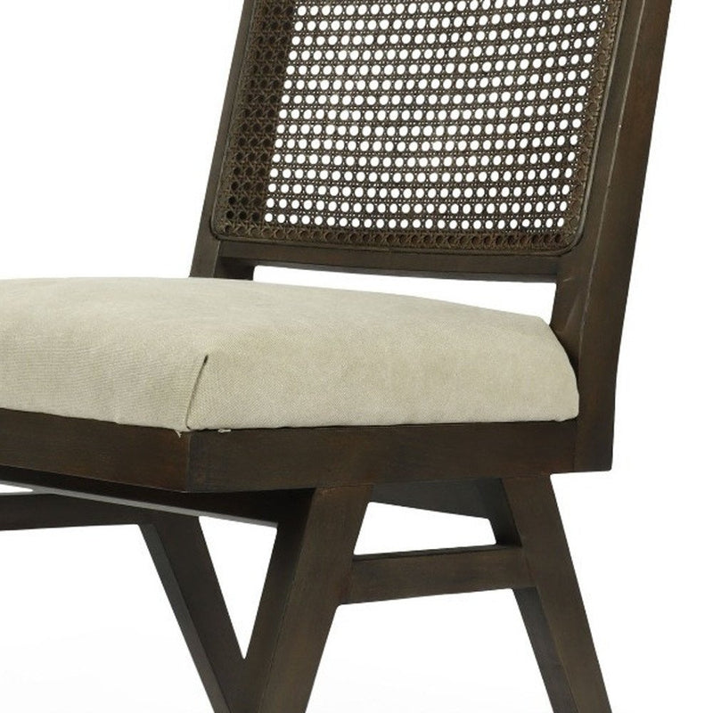 Set of Two Dark Brown And Gray Wood Cane And Upholstery Dining Side Chairs