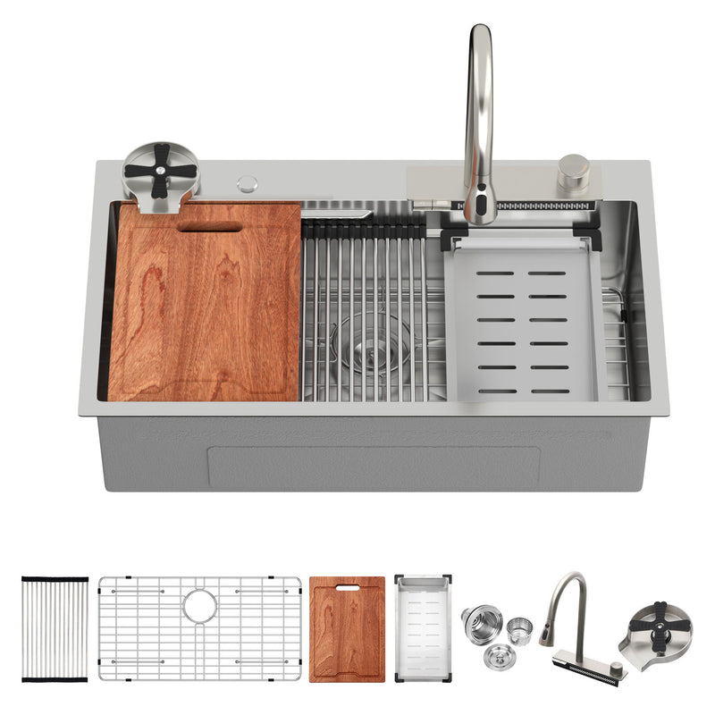 33" Stainless Steel Single Bowl Kitchen Sink With Waterfall Flow