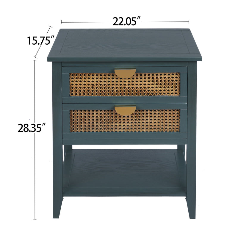 2 Drawer Side Table, Natural Rattan