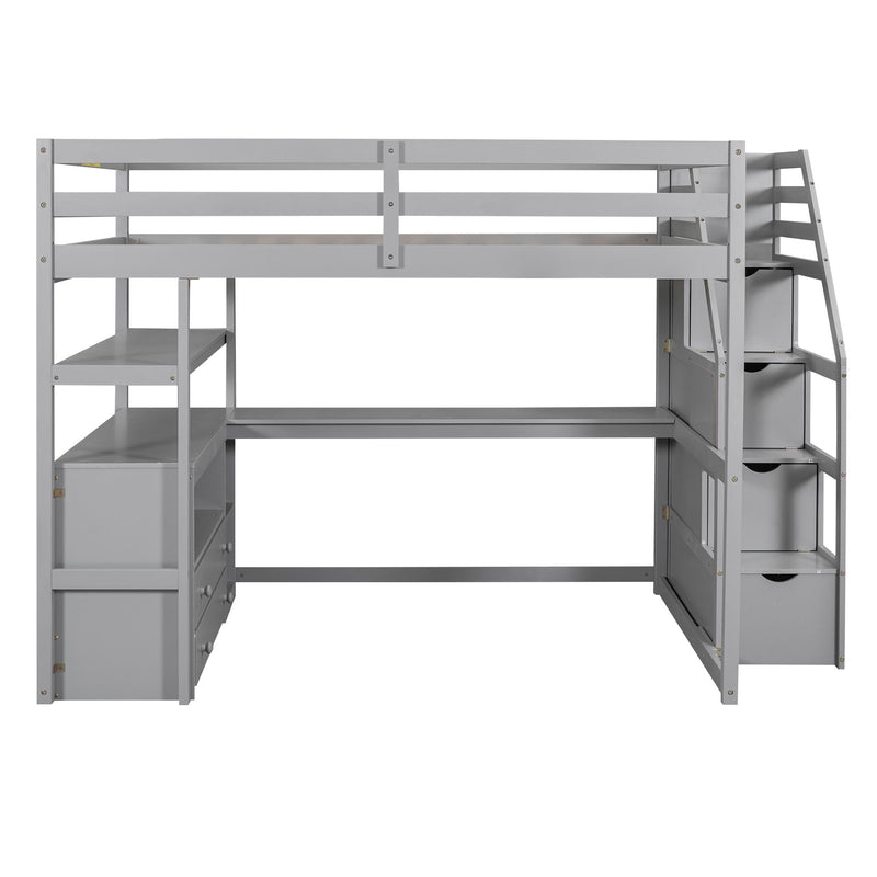 Loft Bed With Desk, Shelves, 2 Drawers, Storage Staircase